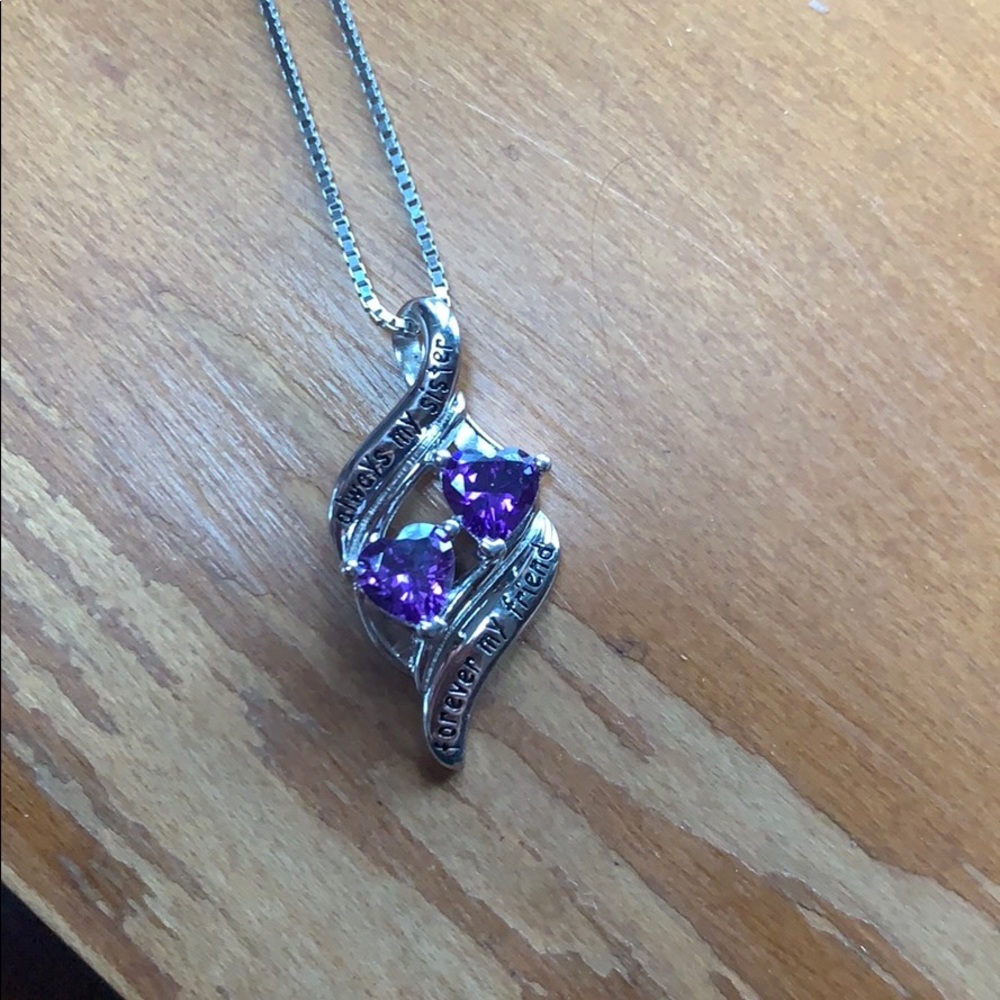 Amethyst double heart silver necklace